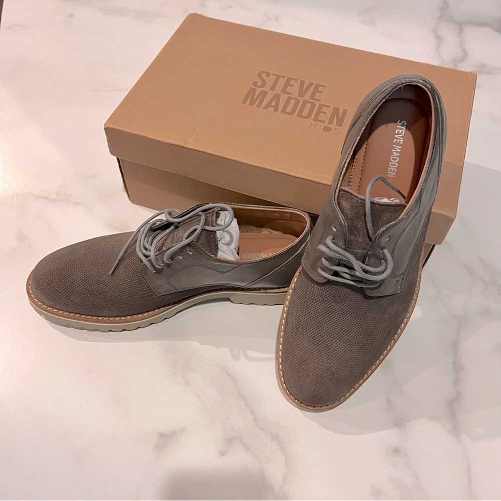 Steve Madden Oxford Boys Lace Up Casual Dress Shoe Leather Suede Gray Size 4